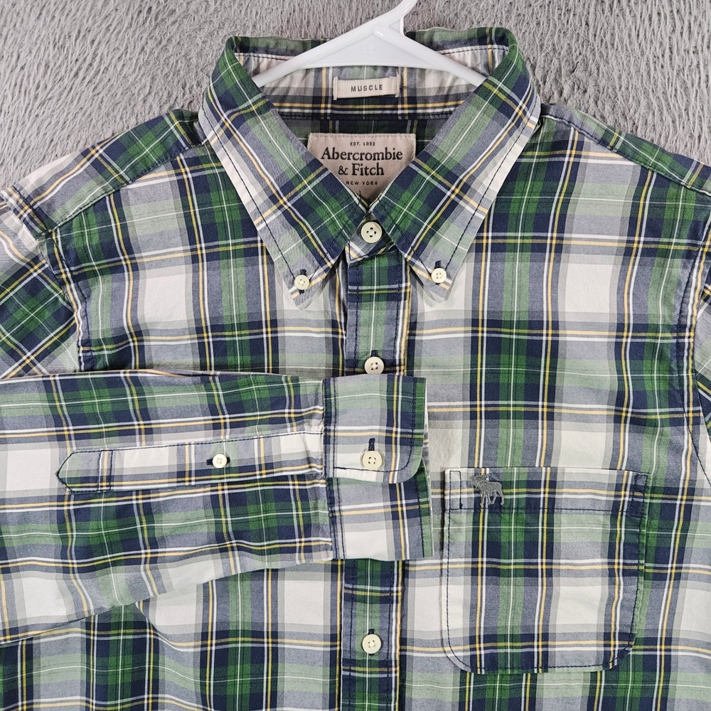 Abercrombie & Fitch Mens XXL Muscle Fit Plaid Button Down Shirt Green Navy White